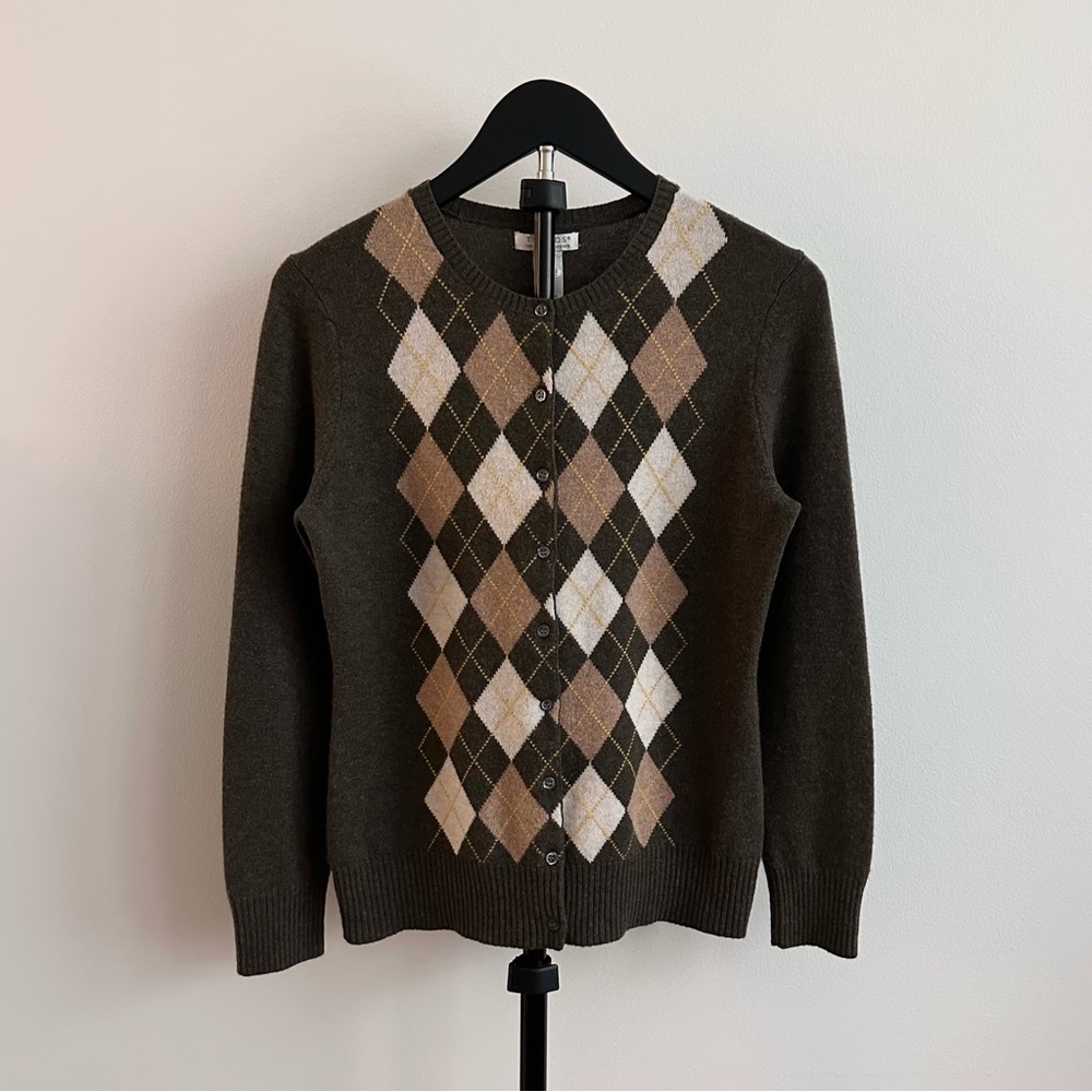 Vintage Tweeds Cashmere Brown Tan Diamond Argyle Crew Neck Cardigan Size S